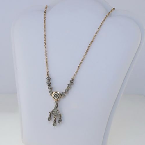 ANTIQUE STYLE Necklace, Rosetta Cut Diamonds, 14 Kt Silver Gold and Silver