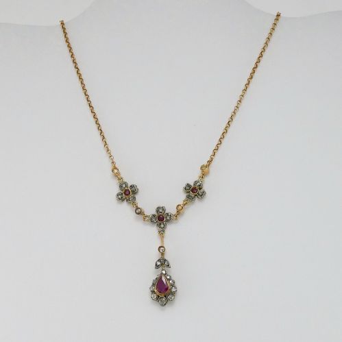 Halskette im antiken Stil, Diamanten Rosettaschliff, Rubine, 14k rose Gold, Silber