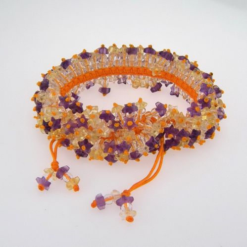 Hand-woven bracelet with natural amethysts and citrine quartz