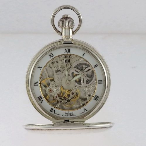 CAPITAL, Silberne skelettierte Taschenuhr, Handaufzug, Schweizer Uhrwerk