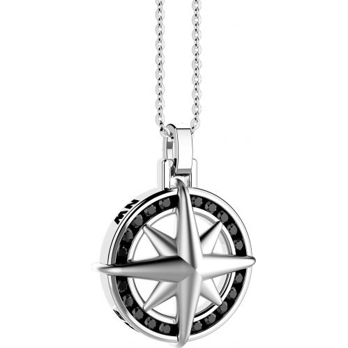 ZANCAN, men's 925 silver necklace. Wind rose pendant with black spinels