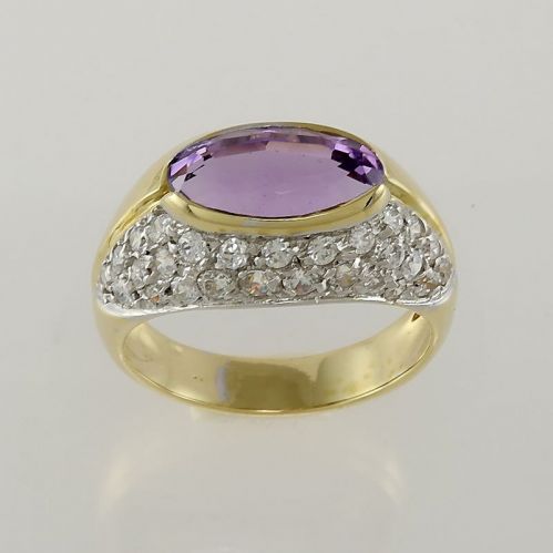 Ring Yellow and white gold 18 Kt - Natural amethyst and white Zircons, gr 8,20