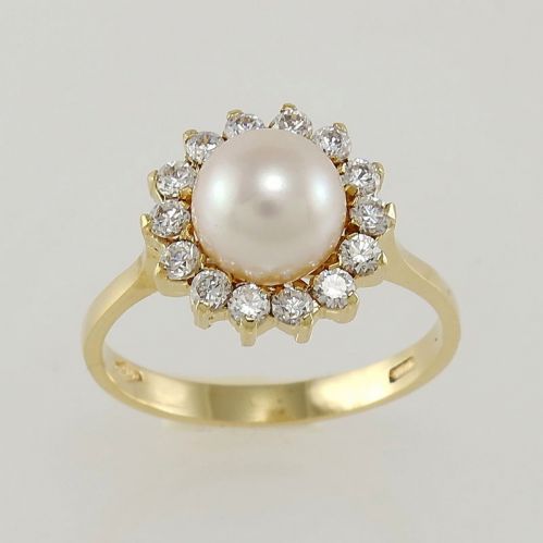 Ring in 18 Kt yellow gold - central pearl and white zircons