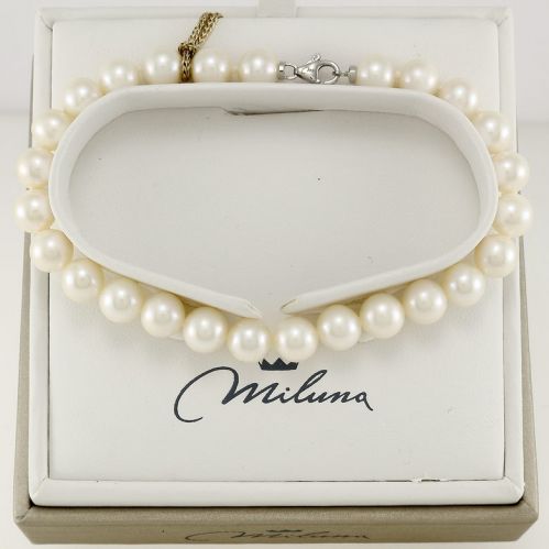 Bracciale MILUNA, Perle bianche naturali coltivate da mm 6,5-7, Oro bianco 18 Kt