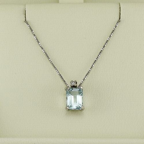 PENSIERI, Necklace with natural Aquamarine 1,20 ct + Diamond, 18Kt Gold
