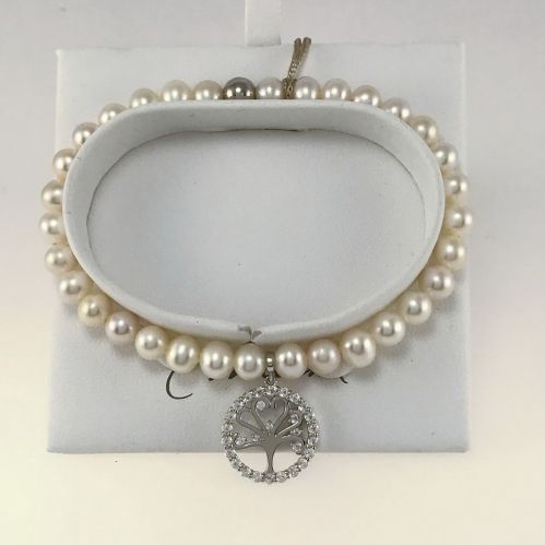 MILUNA Armband, natürliche LR Perlen mm 5,5-6 + 29 weiße Topase, Silber 925