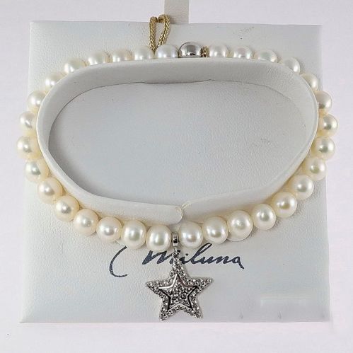 Bracelet MILUNA, perles LR 5.5-6 mm, Etoile avec topazes blanches, Argent 925