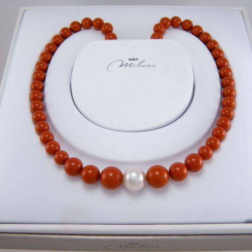 Collar MILUNA - Esferas en coral rojo aglomerado y perla, plata 925