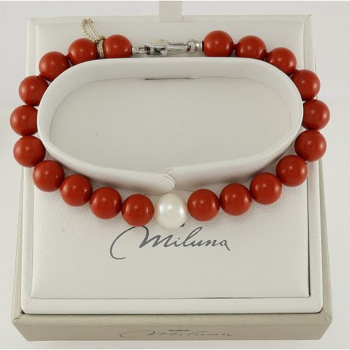 MILUNA bracelet, red coral agglomerate, natural white pearl, 925 silver
