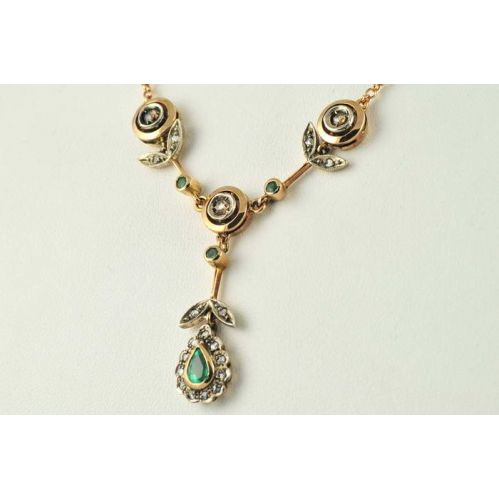 Necklace antique style, Rosette diamonds, emeralds, 14k gold, silver, handcrafted