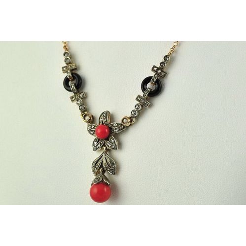 Necklace antique style, Rosette diamonds, coral, onyx, gold, silver, handcrafted