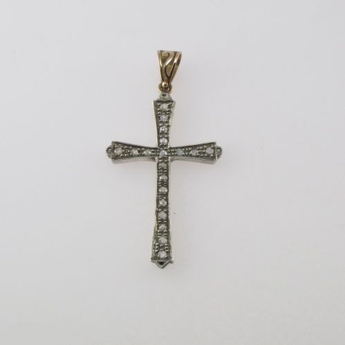 Crucifix antique style, Rosette diamonds, 14K rose gold and silver